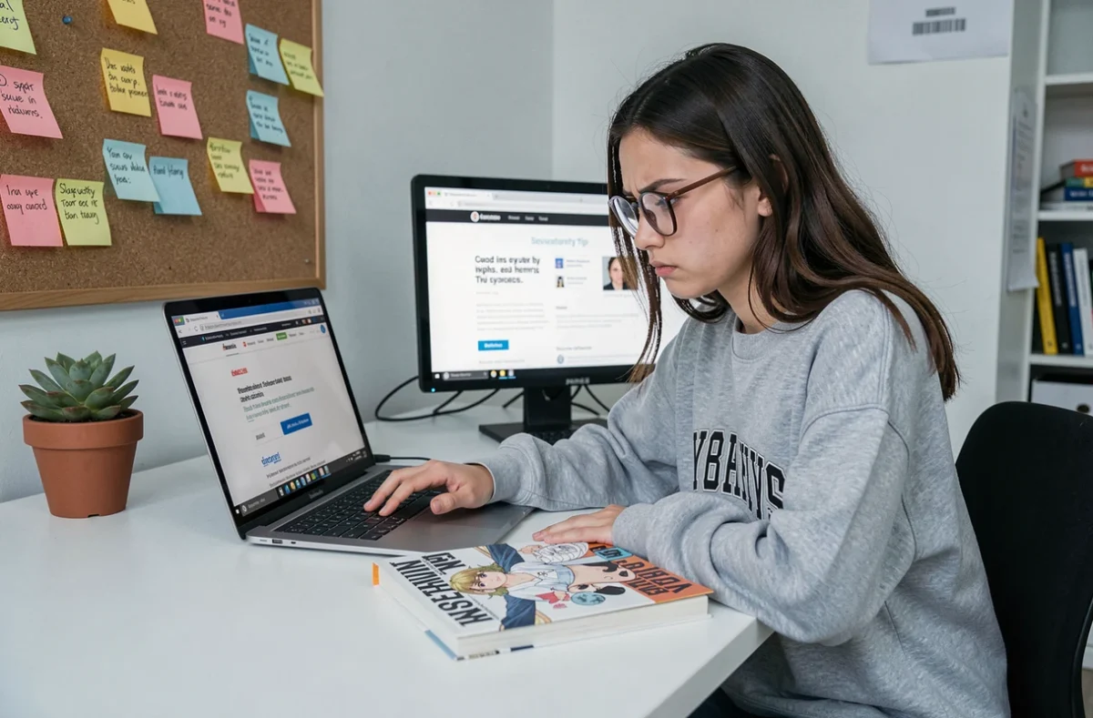 Jeune femme vérifiant la fiabilité de sites de scans manga pour éviter les arnaques et malwares