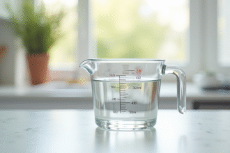 Verre mesure eau de 300 ml sur plan de travail lumineux