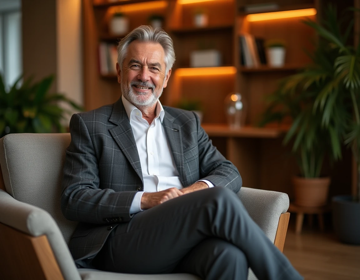 Vincent Lagaf en interview dans un salon médiatique moderne, portrait trois-quarts révélant sa carrure et son allure en 2026