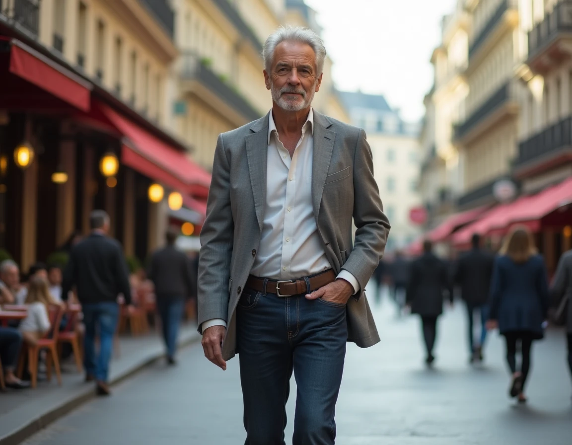 Vincent Lagaf marchant dans une rue parisienne, morphologie élancée et démarche assurée, style décontracté chic
